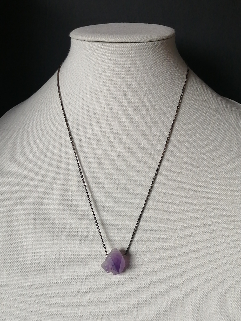 Minimalist Raw Free-form Purple Amethyst Crystal Pendant on Darktone Chain